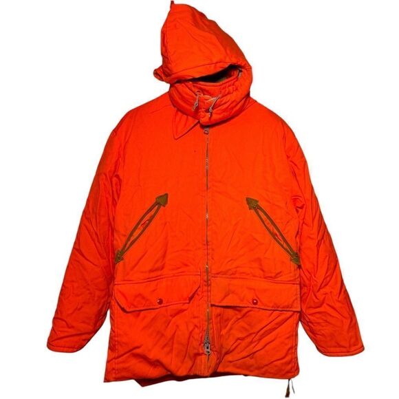 VTG Woolrich Down Jacket Hunting Coat Blaze Orange USA Hooded Pockets Men’s Med - Picture 1 of 6